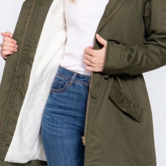 SHERPA LINED UTILITY PARKA JACKET COAT - DARK OLIVE GREEN - Picture 6 of 10